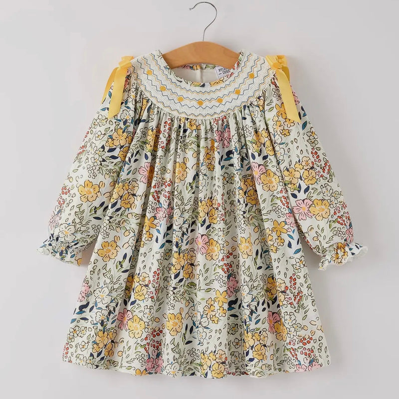 Fall Smocked Floral Leaf Dress
