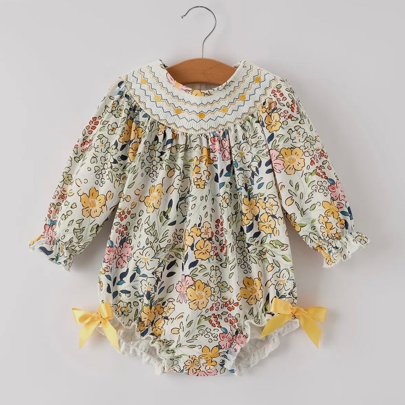 Fall Smocked Floral Leaf Romper